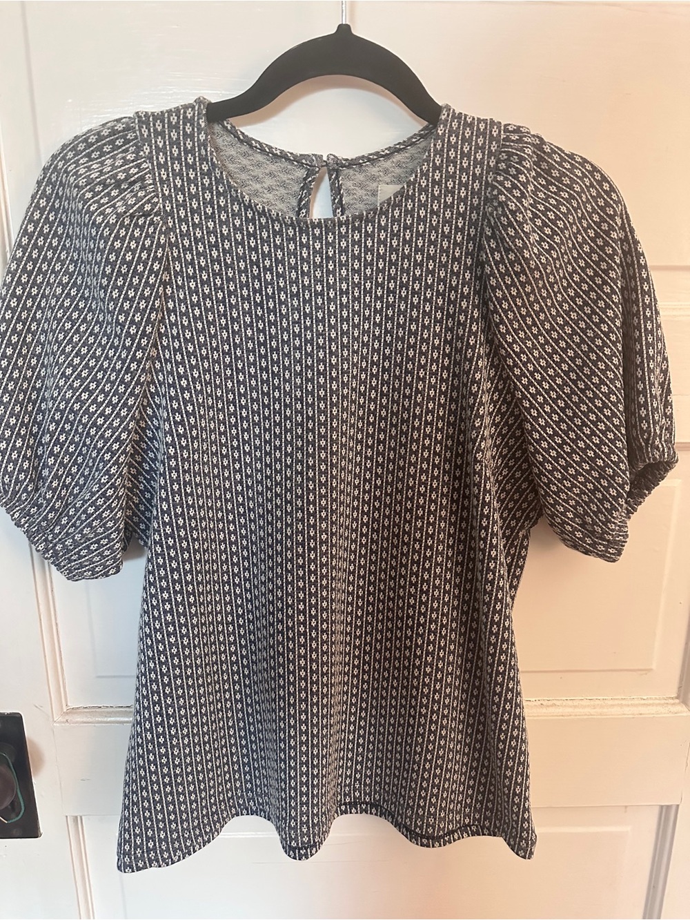 Madewell Black and White Geometric Puff-Sleeve Top